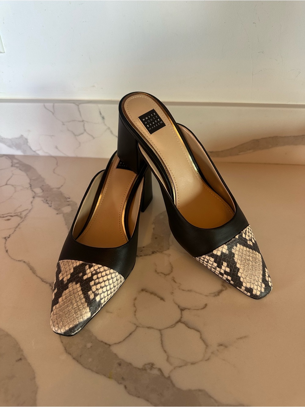 White House Black Market “Zoe” Black & tan Snake-Print Point Cap-toe Mule Heels